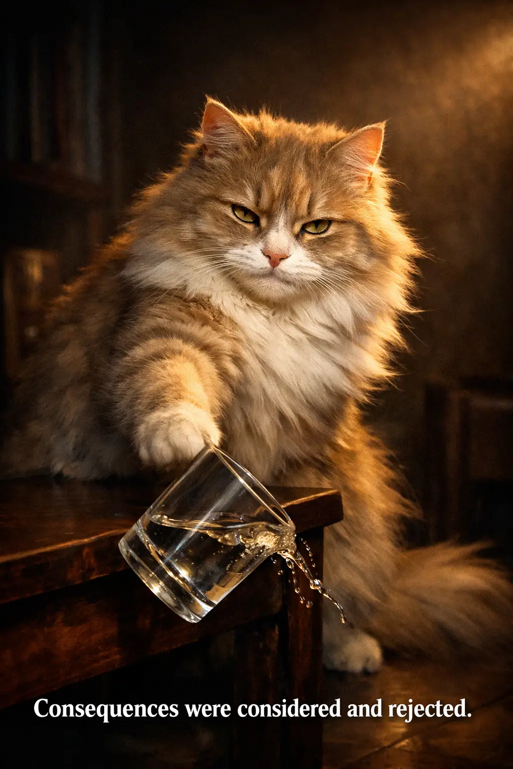 Smug fluffy cat pushing a glass off a table