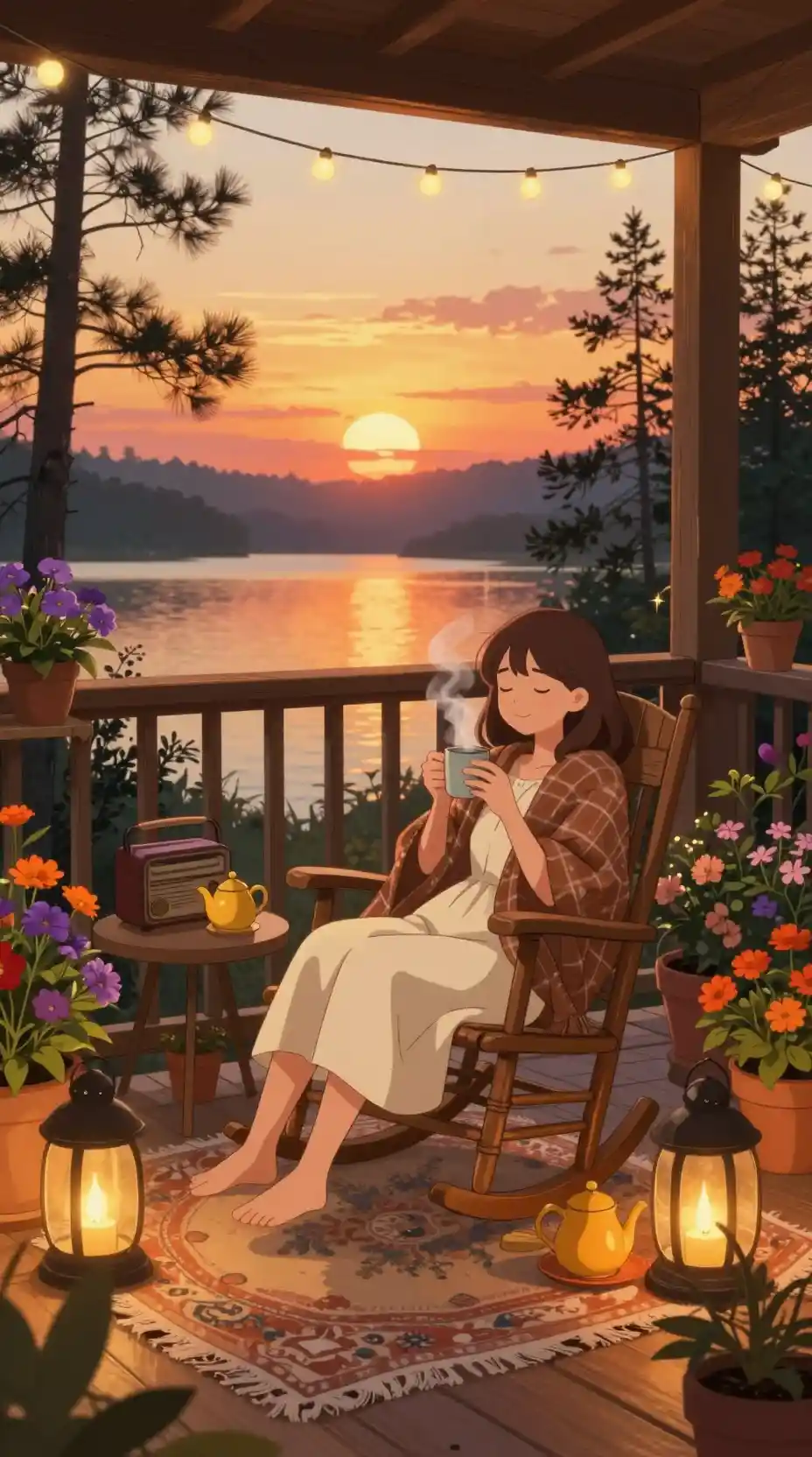 Ragazza anime accogliente che si rilassa su un balcone pieno di fiori