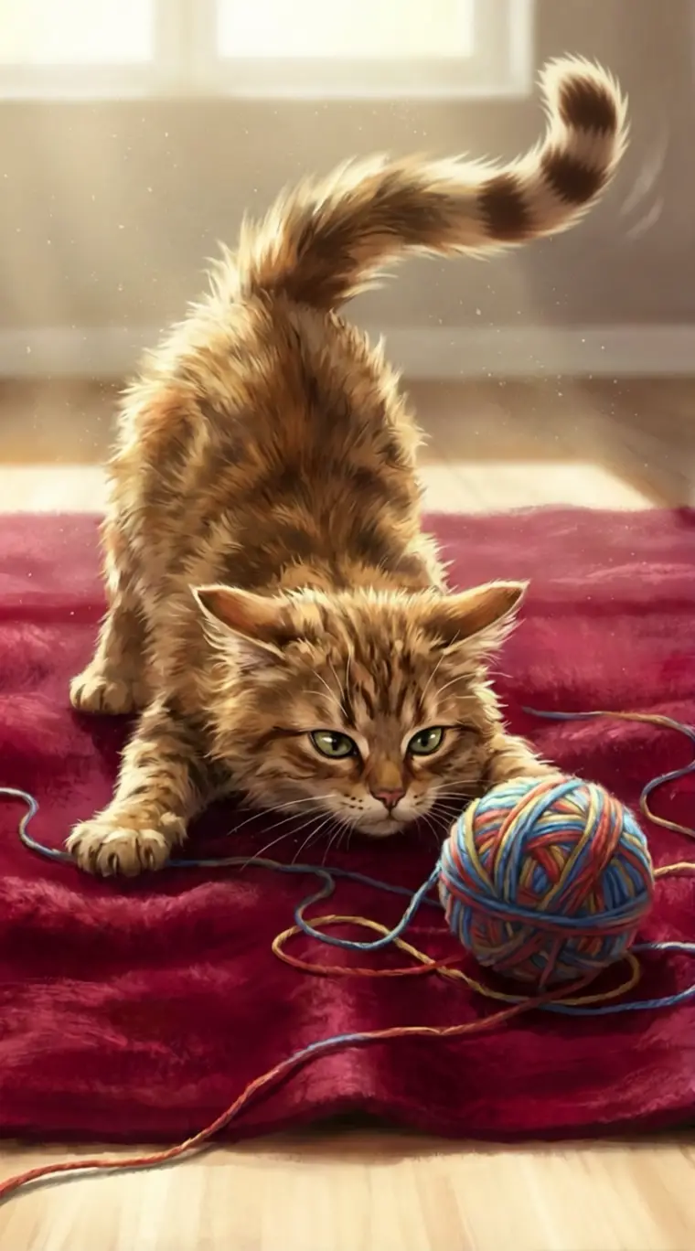 Playful scruffy cat attacking a colorful wool ball