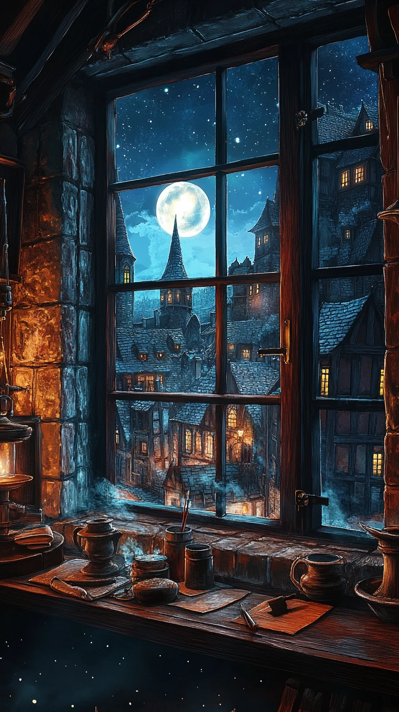 Fenster eines Zaubererturms mit Blick auf ein mondbeschienenes Fantasyschloss