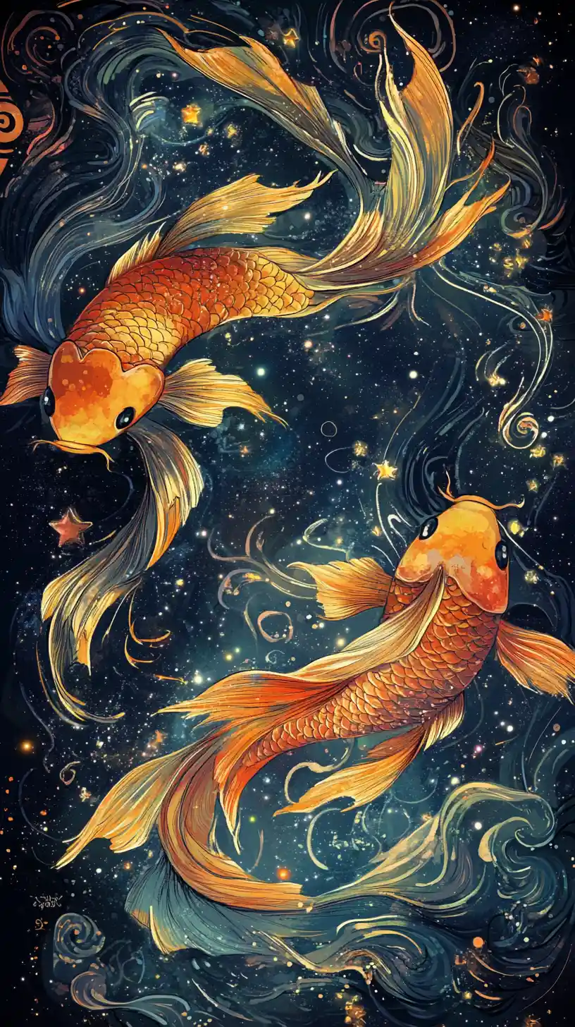 Radiant koi divas swirling in a cosmic galaxy ocean