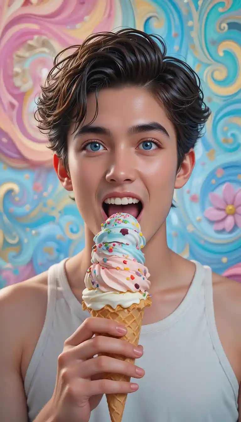 Giovane che mangia un gelato su sfondo astratto pastello