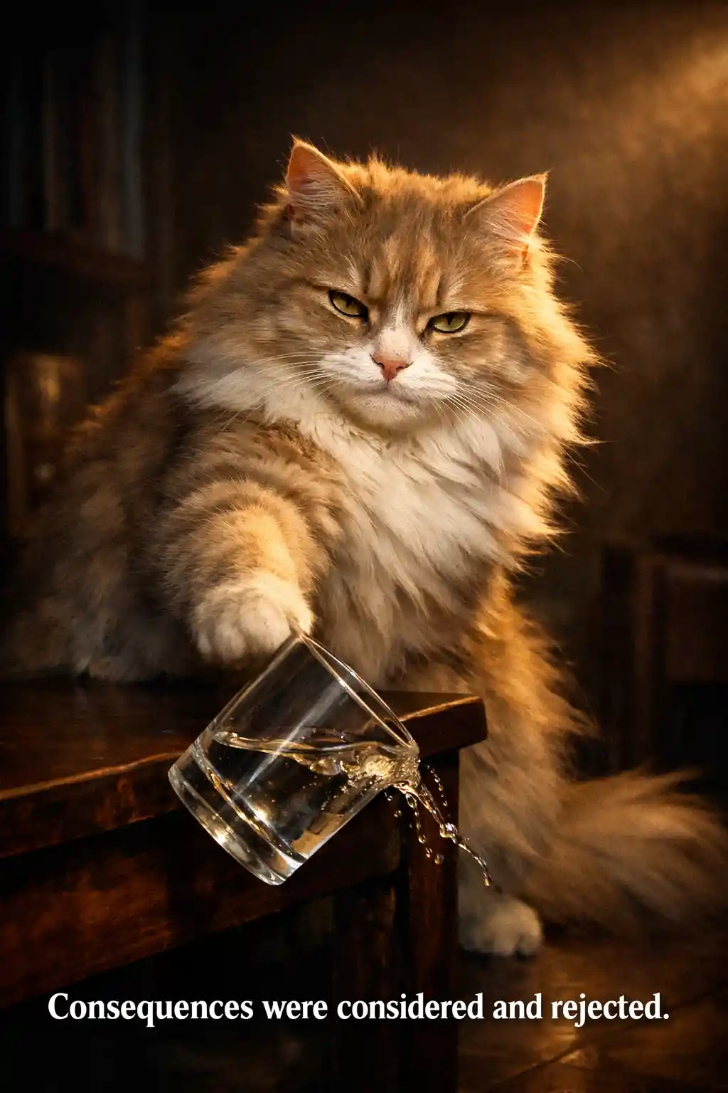 Gatto soffice e compiaciuto che spinge un bicchiere giù dal tavolo