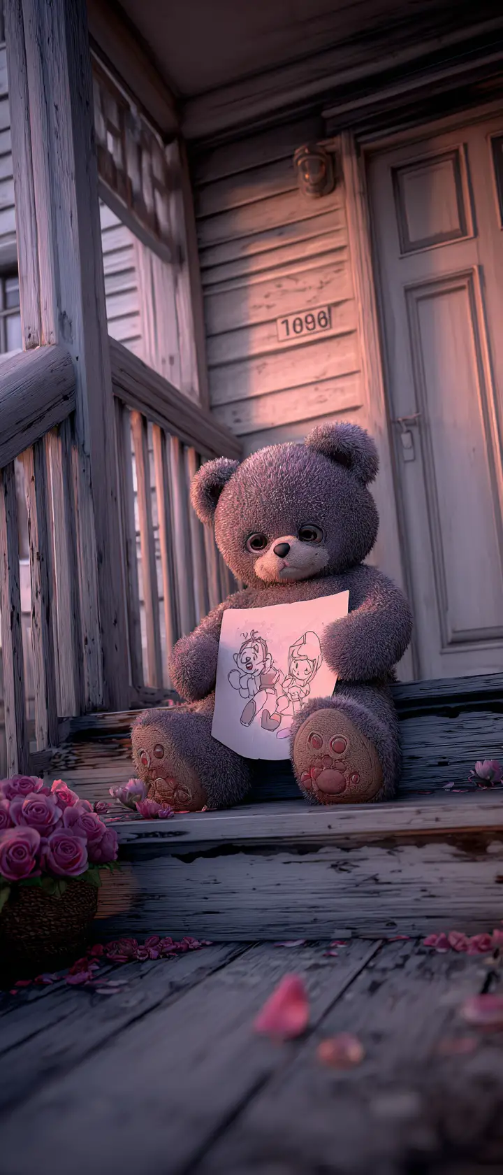 Sad anime bear cub on porch steps at dusk