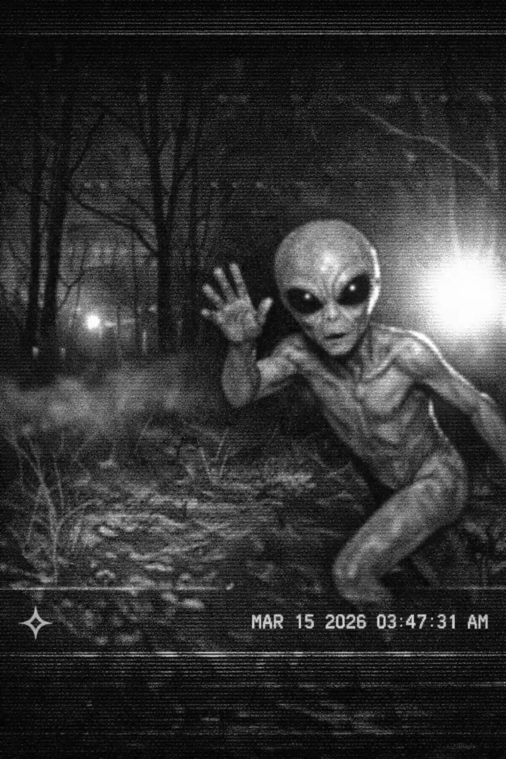 Grauer Alien in körniger nächtlicher Waldüberwachung aufgenommen