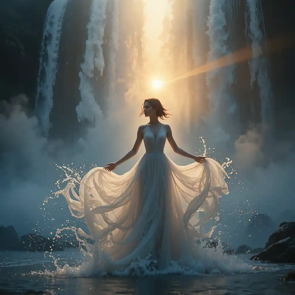 Donna che emerge da una cascata ruggente con un abito d’acqua liquida