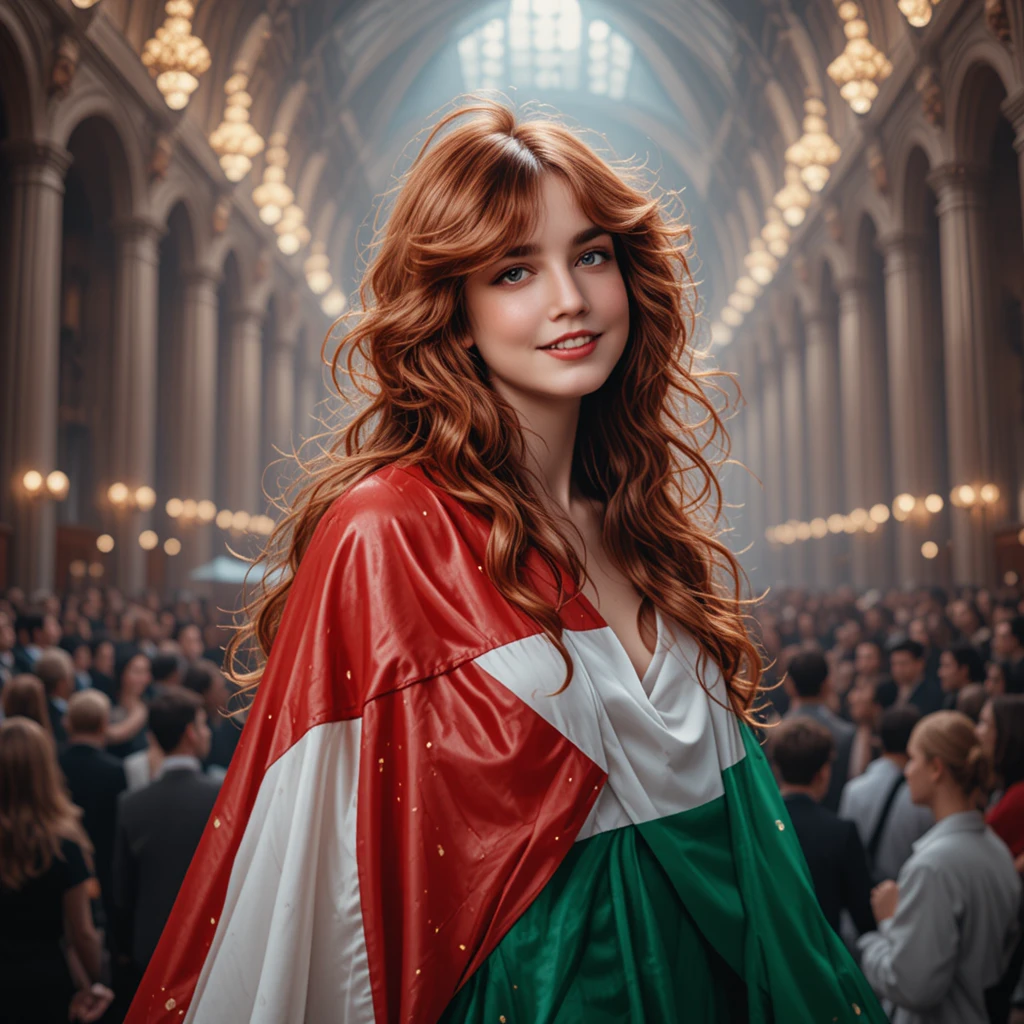Ragazza bionda adolescente in una cattedrale gotica con sciarpa palestinese