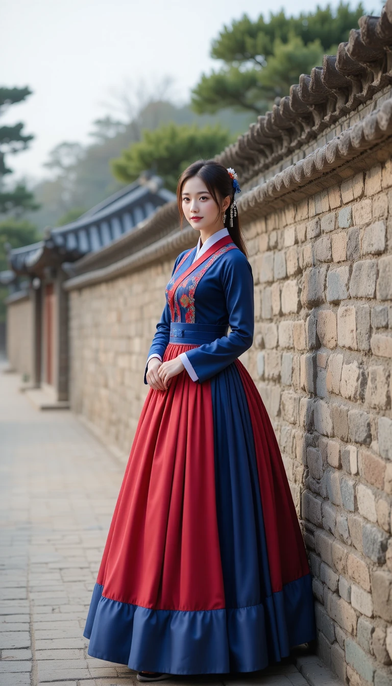 궁궐 담장 옆의 파란색과 빨간색 한복을 입은 한국 여성