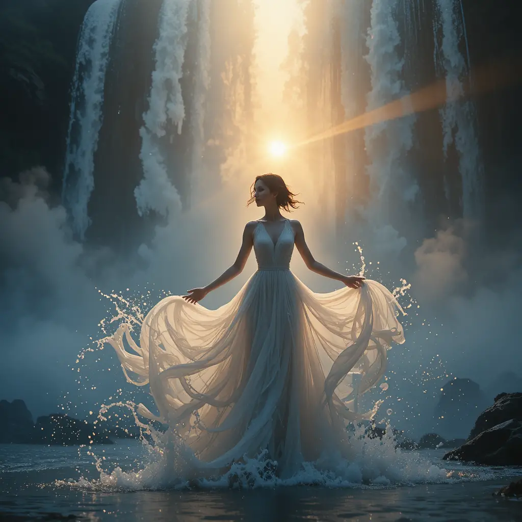 Woman emerging from a roaring waterfall in liquid water dress