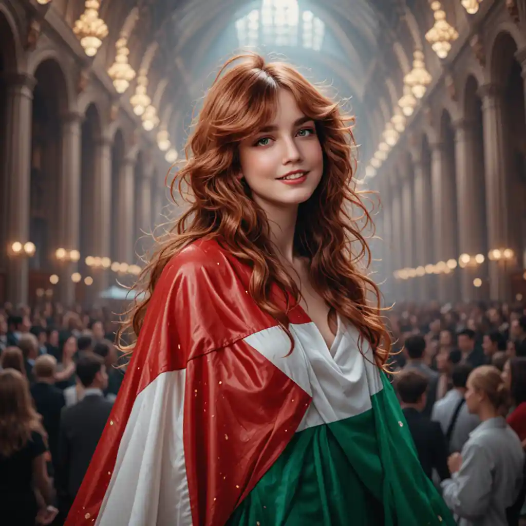 Ragazza bionda adolescente in una cattedrale gotica con sciarpa palestinese
