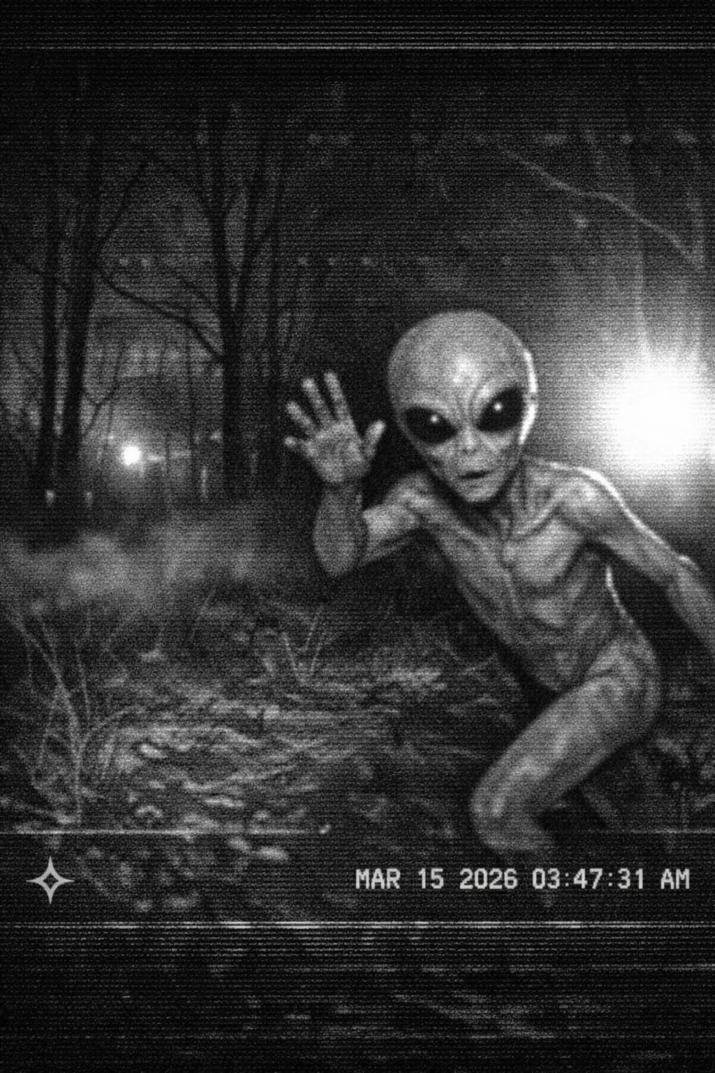Alieno grigio ripreso da una sorveglianza granulosa nel bosco di notte