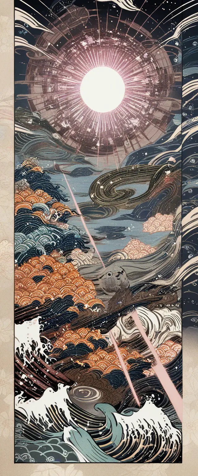 Galassia in xilografia che vortica sul pergamena in stile ukiyo-e