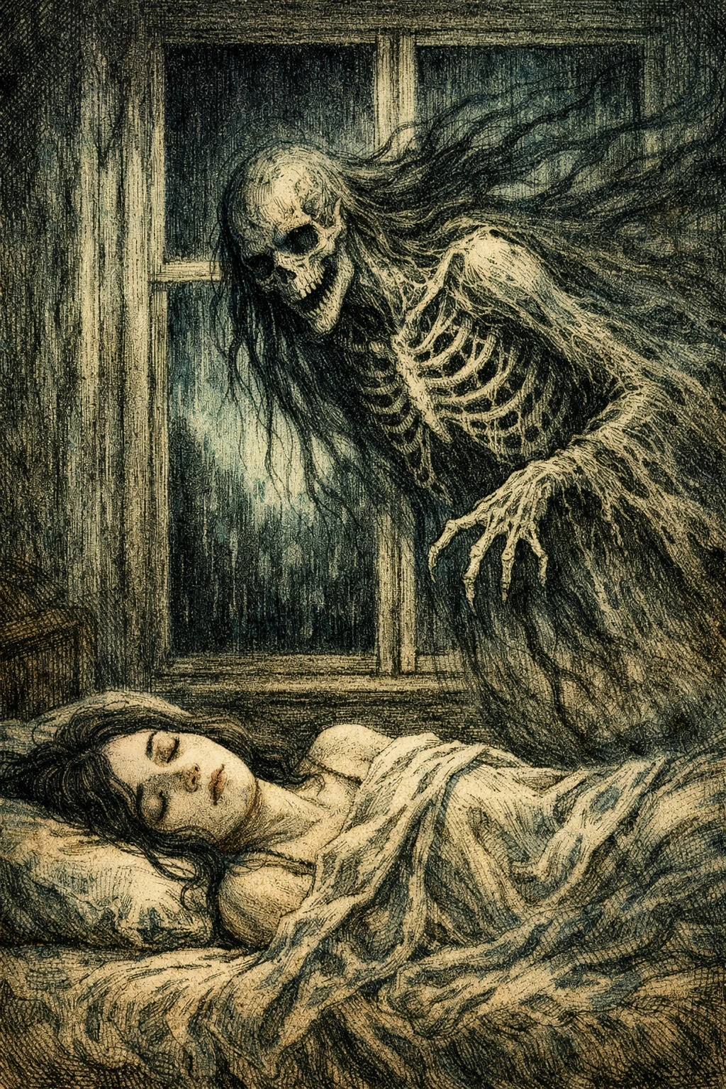 Schlafende Gestalt, von einem skelettierten Geist über dem Bett heimgesucht