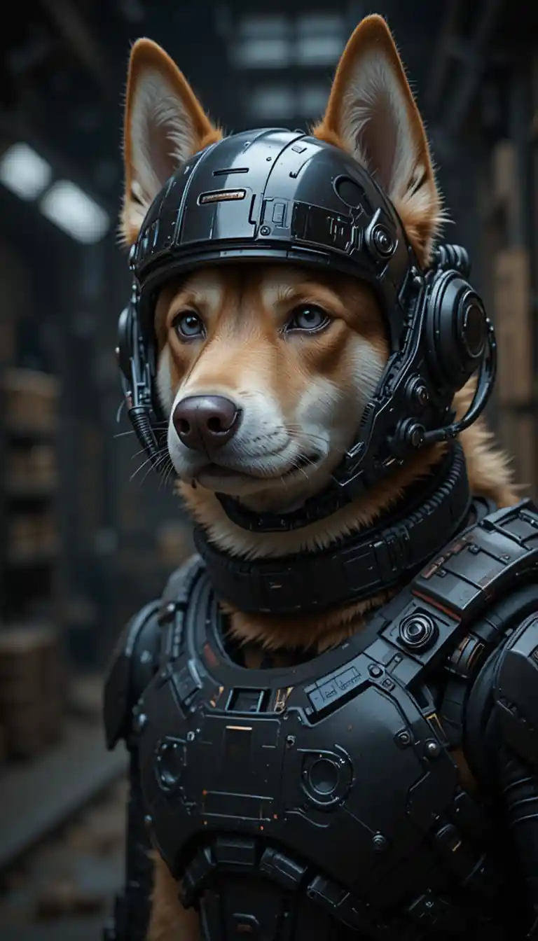 Armored husky in futuristic sci fi exoskeleton helmet
