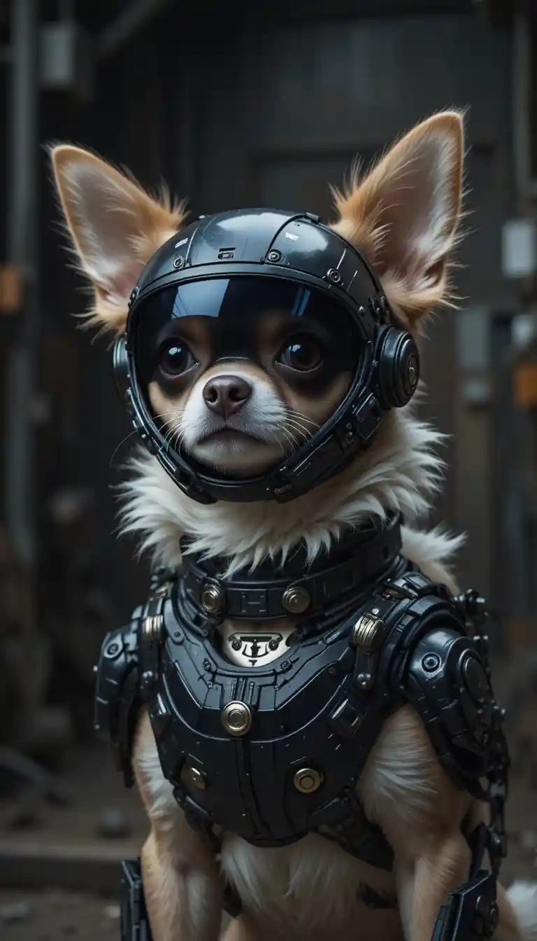 Chihuahua in armatura esoscheletrica futuristica nell’oscurità industriale