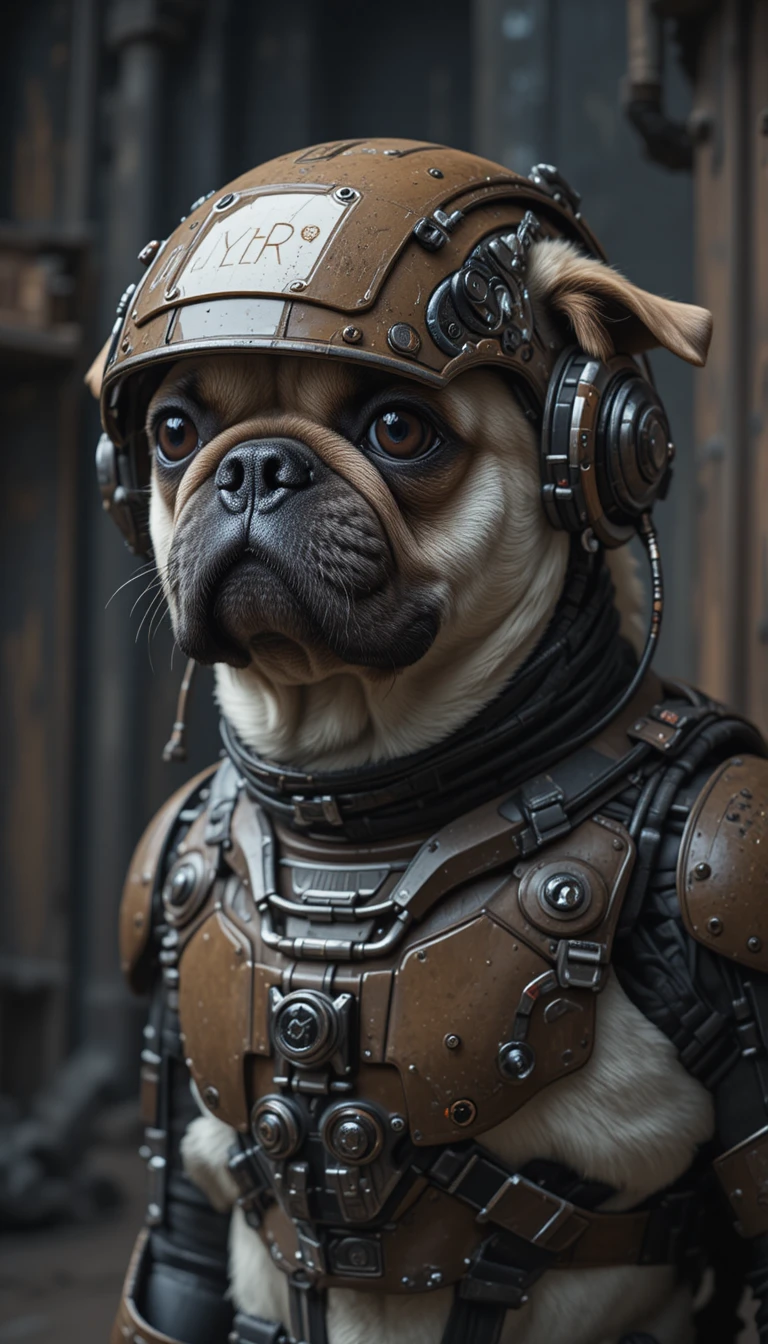 Mops in Sci-Fi-Exoskelett-Rüstung in dunkler Umgebung