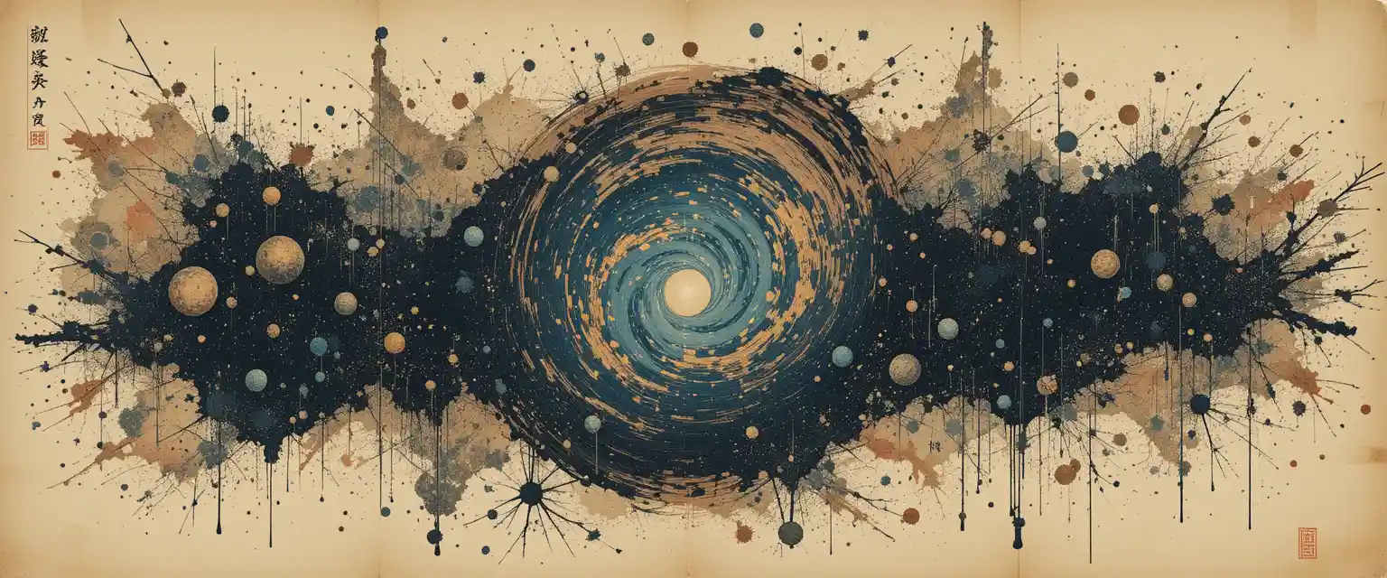 Galassia in xilografia che vortica sul pergamena in stile mistico