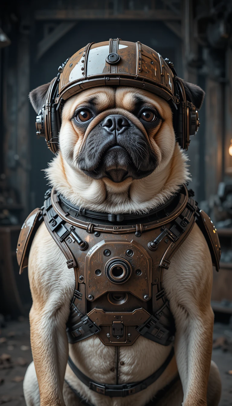 Pug In Futuristic Exoskeleton Helmet In Dark Industrial Scene