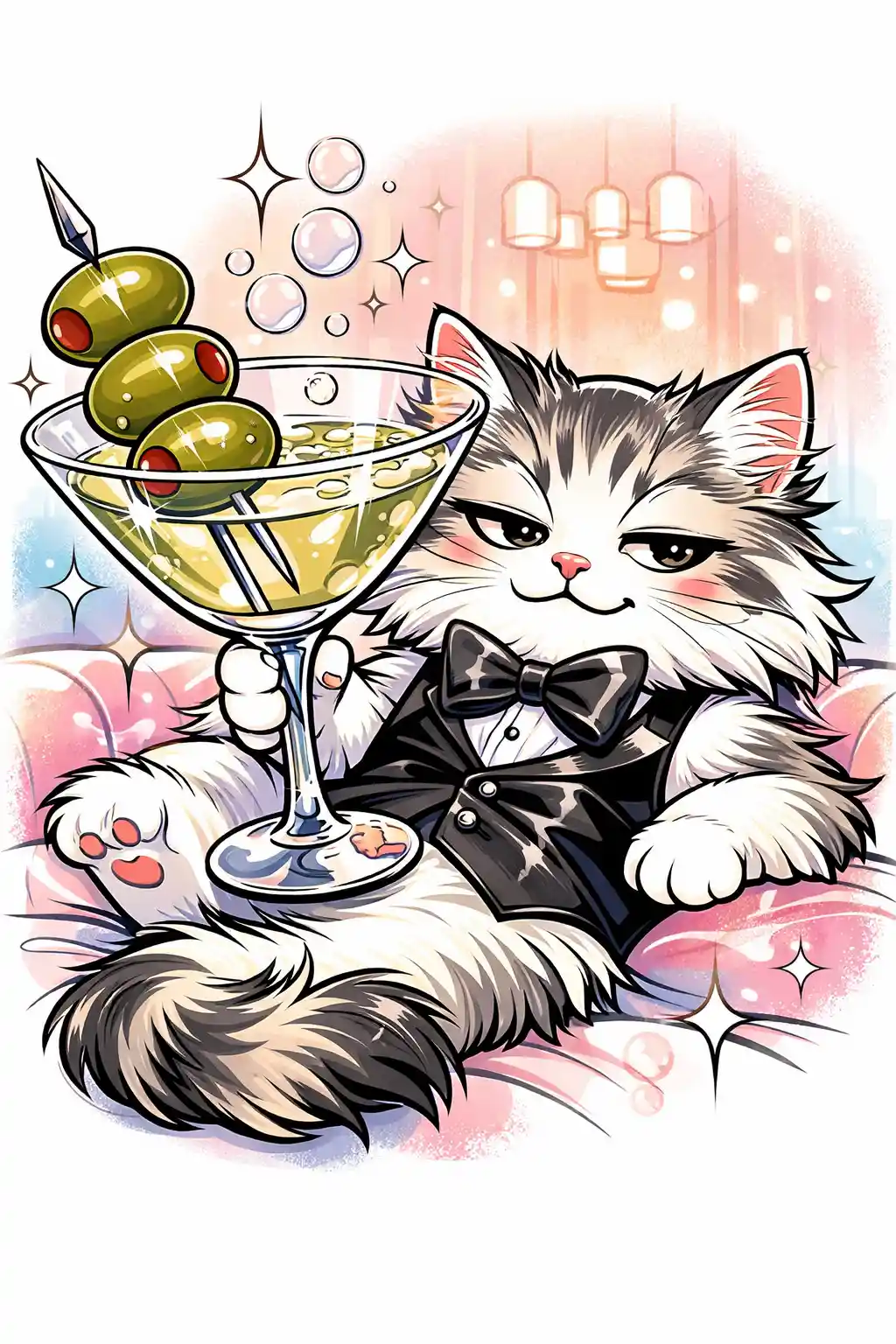 Gatto soffice e compiaciuto con martini in un cocktail lounge pastello