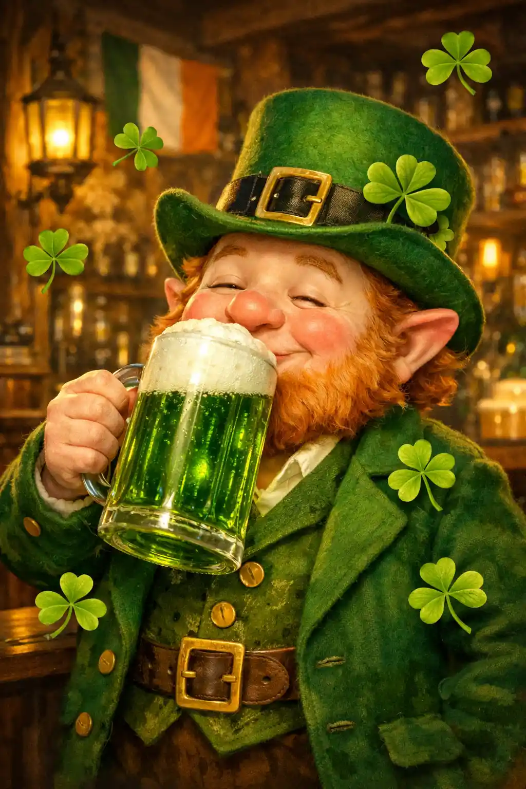 Happy leprechaun sipping green beer in cozy Irish tavern