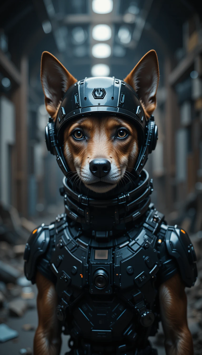 Fox terrier in futuristic armor helmet in dark industrial scene