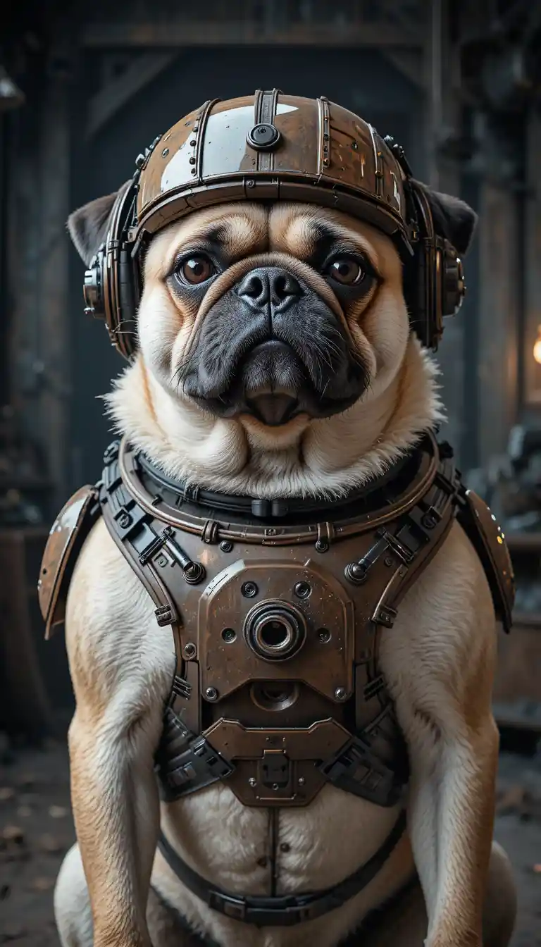 Carlin avec casque exosquelette futuriste dans une scène industrielle sombre