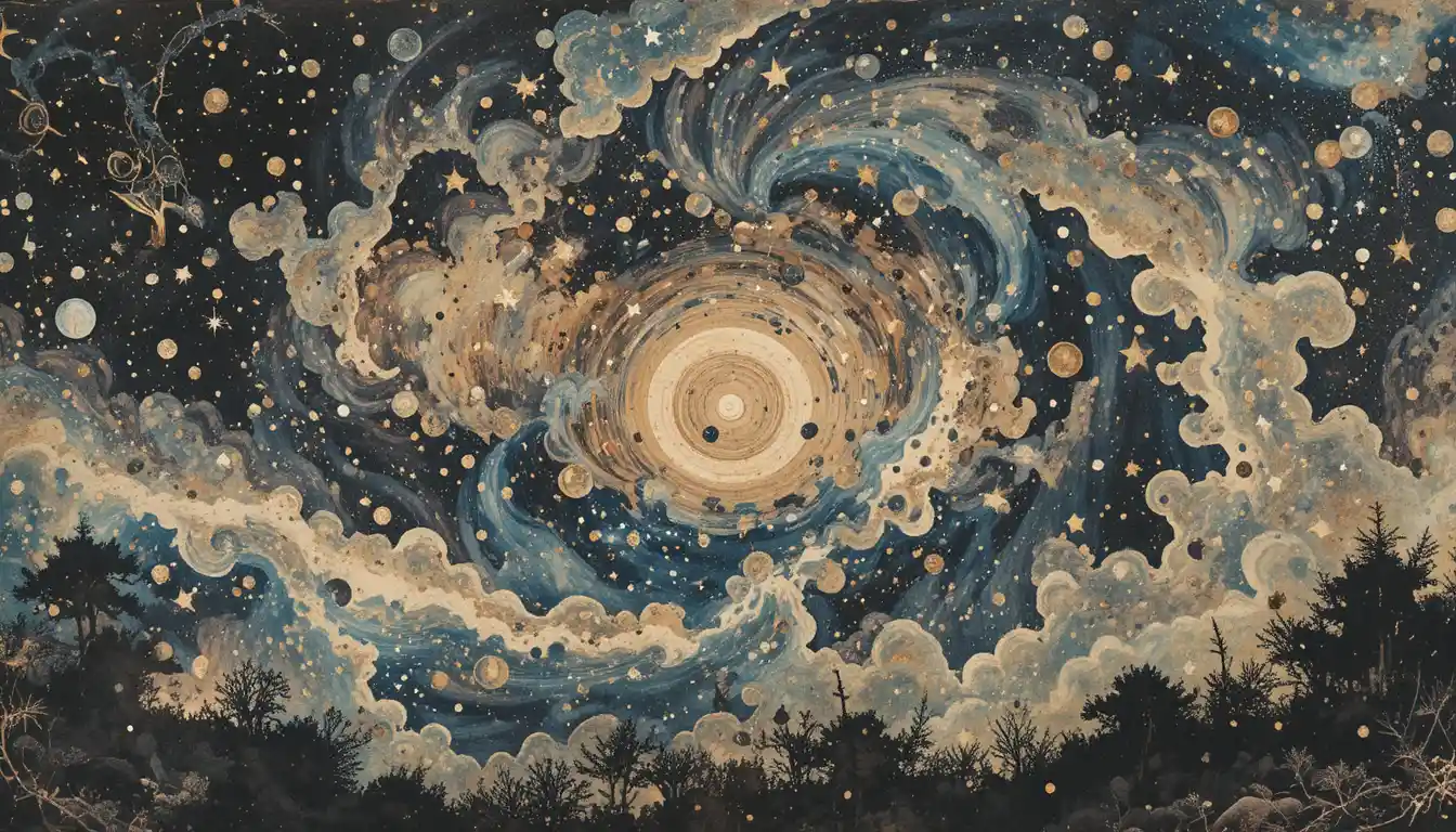 Galassia in xilografia che ruota in un cielo di pergamena antica