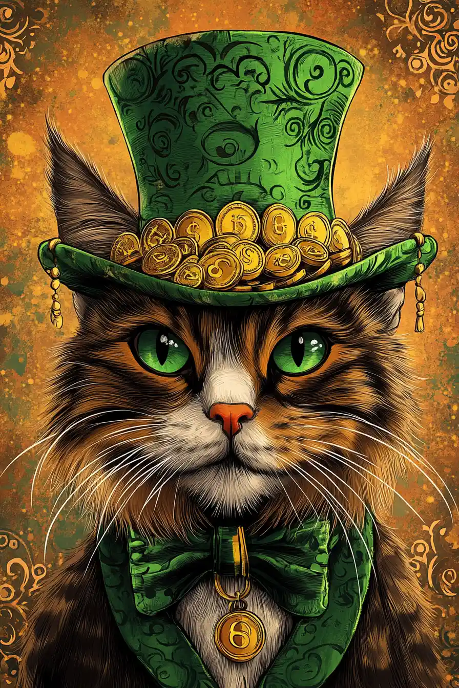 Festive cat diva in green top hat with gold coins