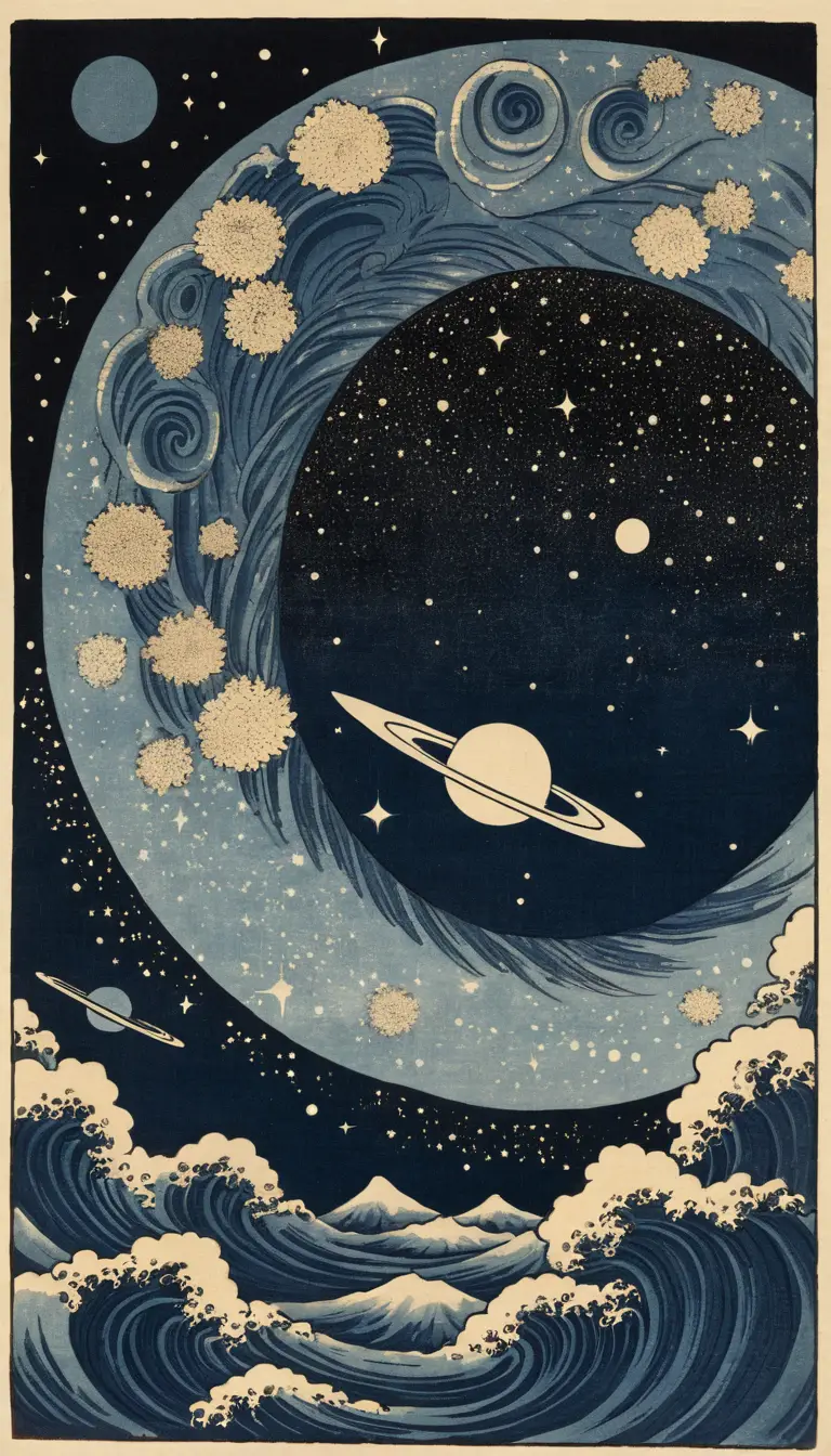 Woodblock print of swirling nebula galaxy on aged parchment