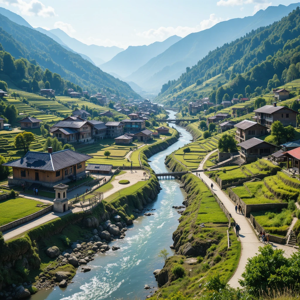 Nepal rural village with river and green terraced hills
