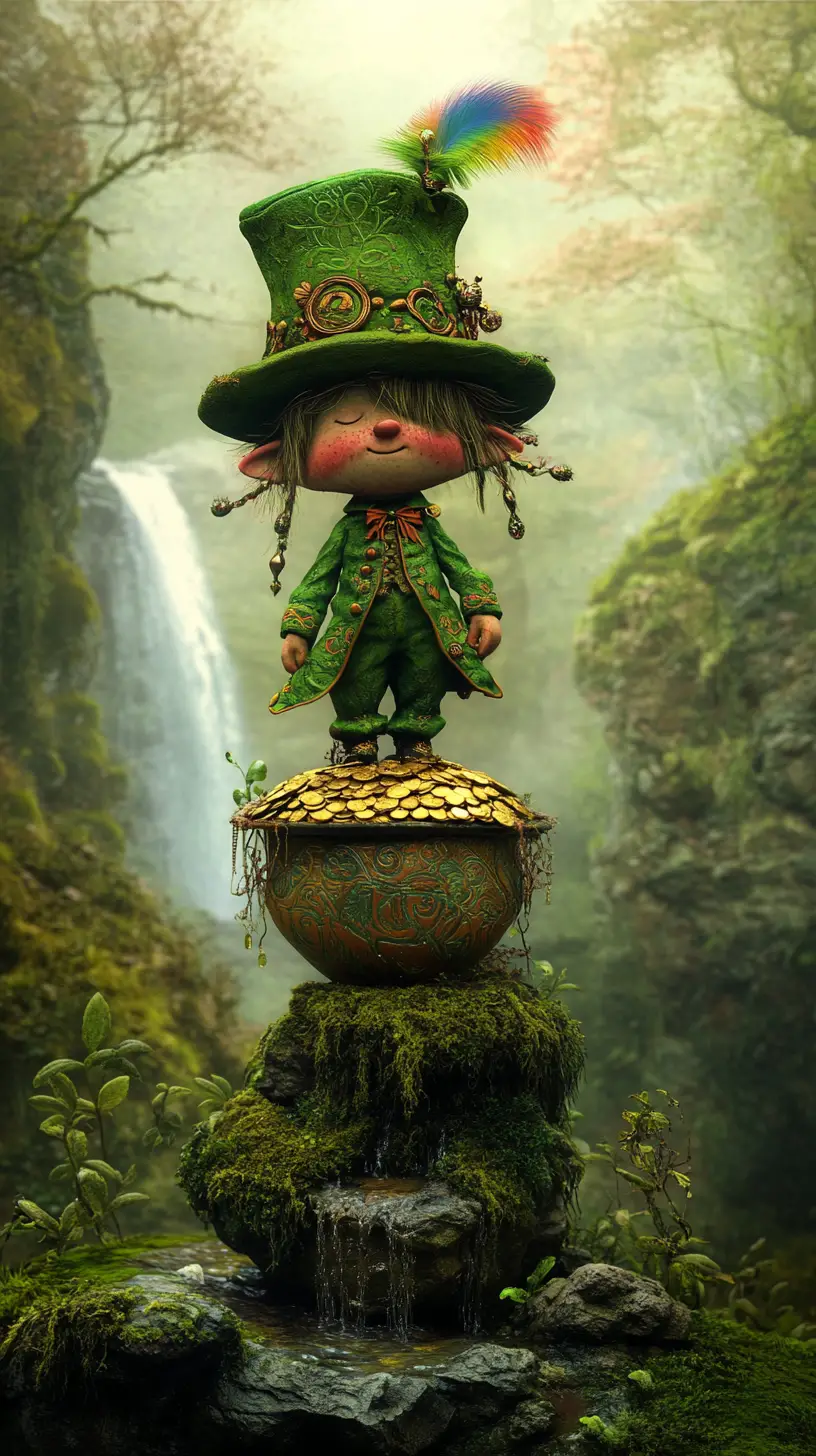 Leprechaun Guarding Gold On Mossy Stone In Forest