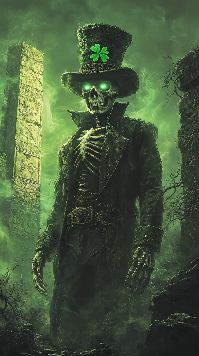 Emerald Skeleton In Celtic Ruins With Glowing Green Fog