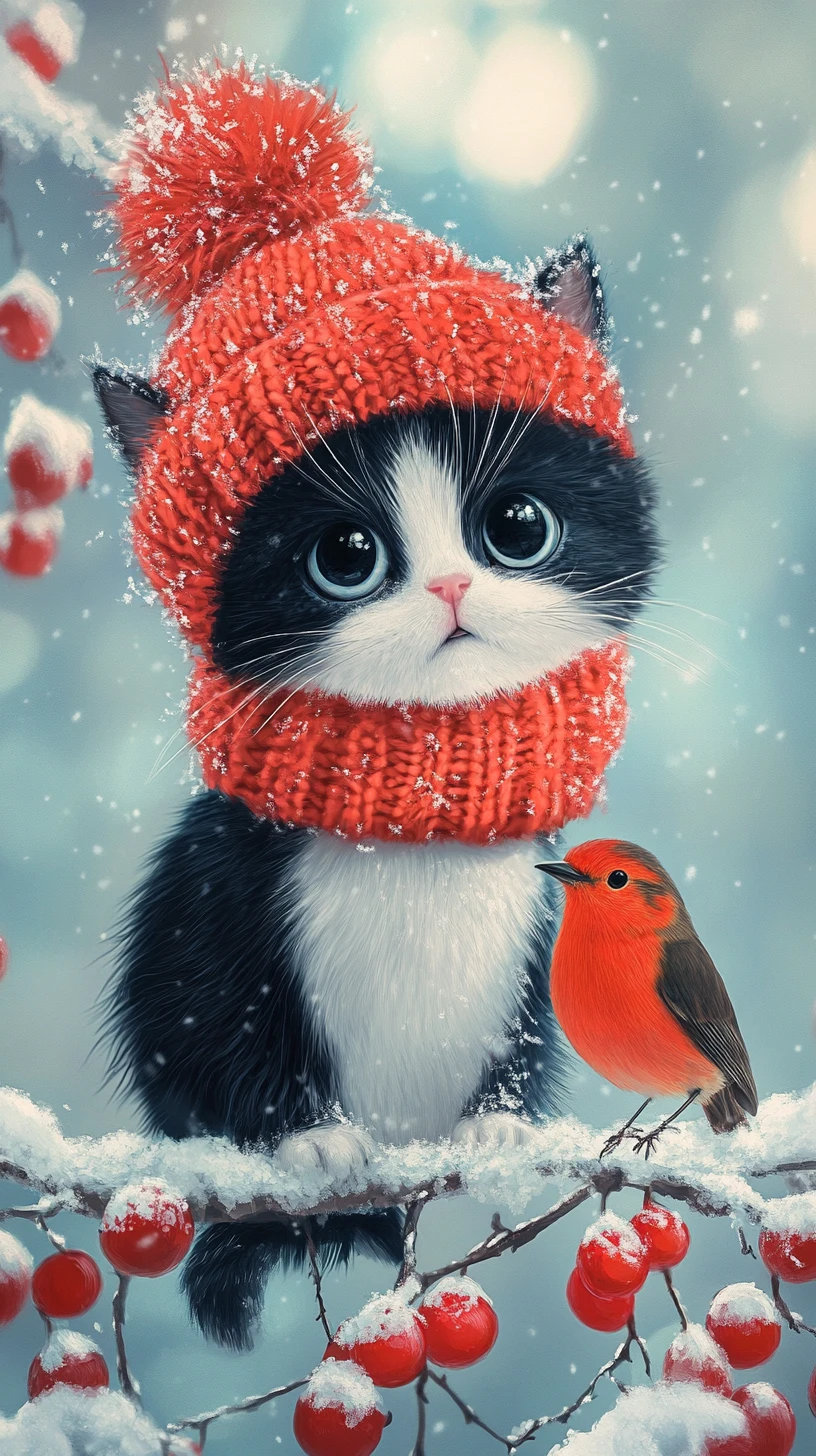 Gato e pintarroxo com gorros de inverno vermelhos em galho nevado