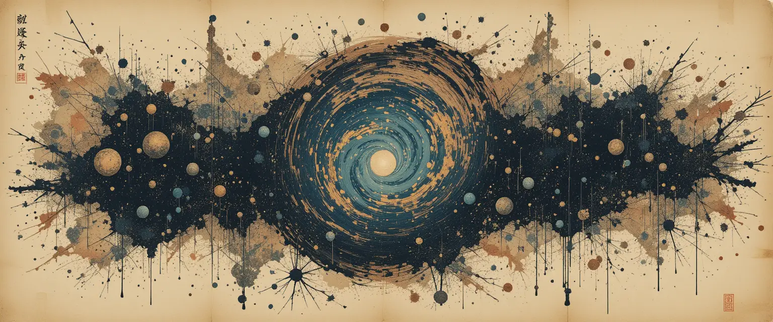 Galassia in xilografia che vortica sul pergamena in stile mistico
