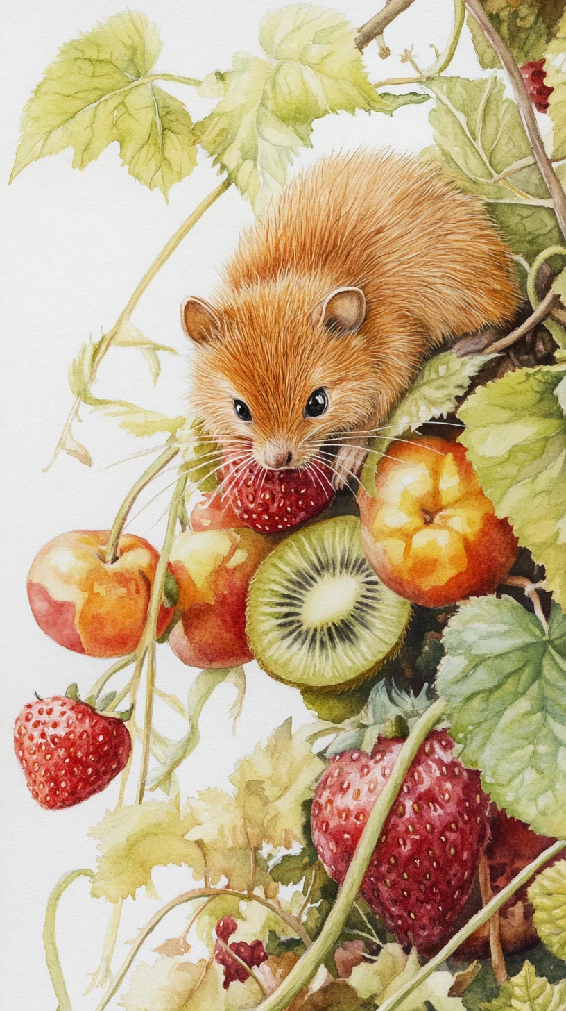 Happy mouse in a rustic vegetable and berry garden watercolor