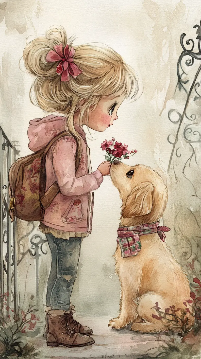 Girl offering flowers to a small dog in watercolor illustration