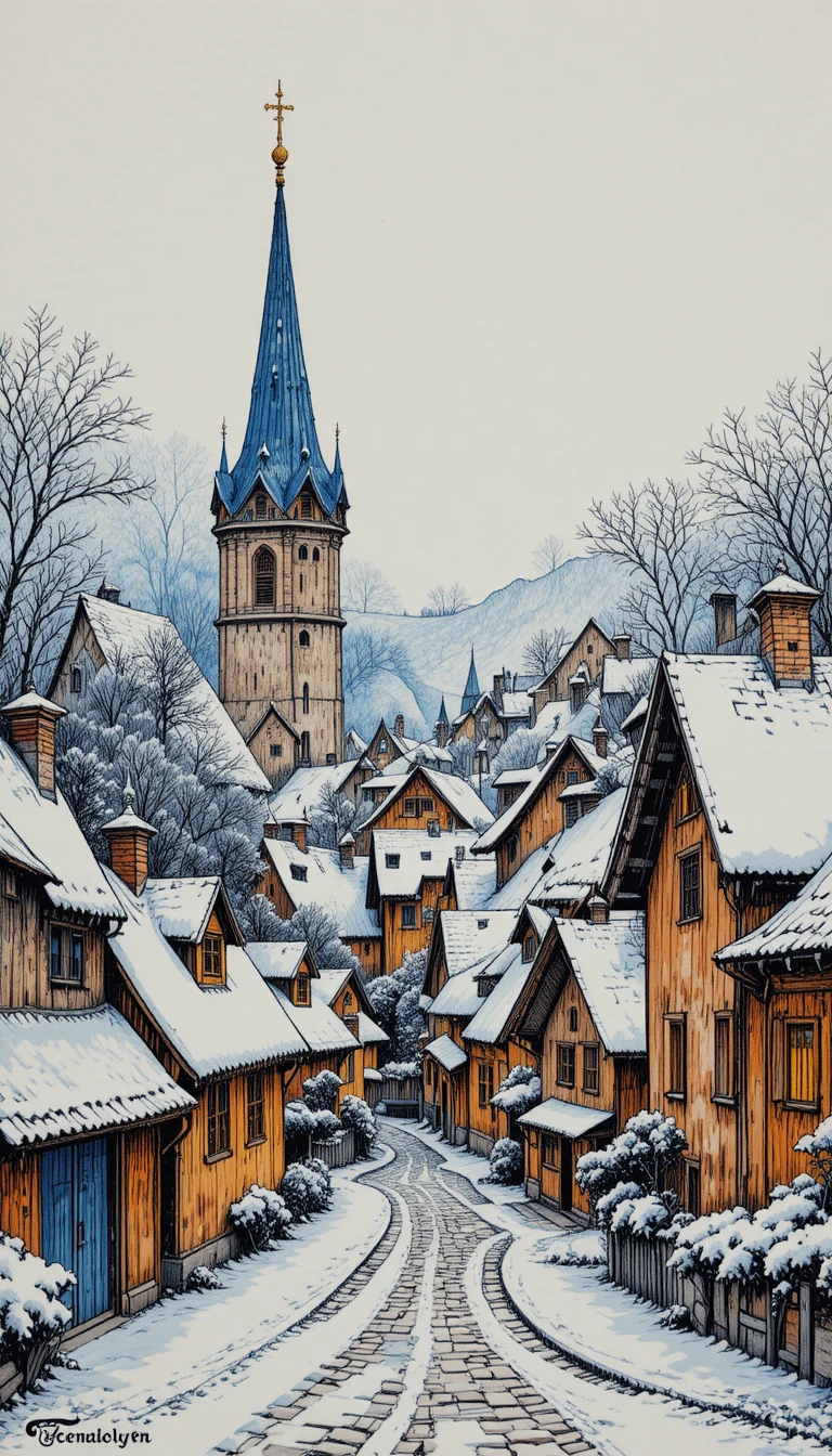 Ink drawing of a quaint snowy village with church spires