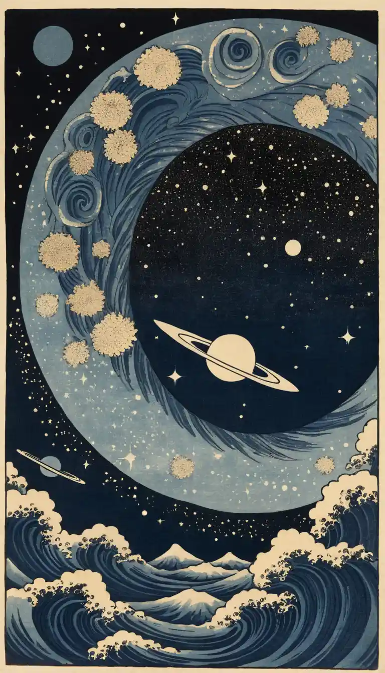 Woodblock print of swirling nebula galaxy on aged parchment