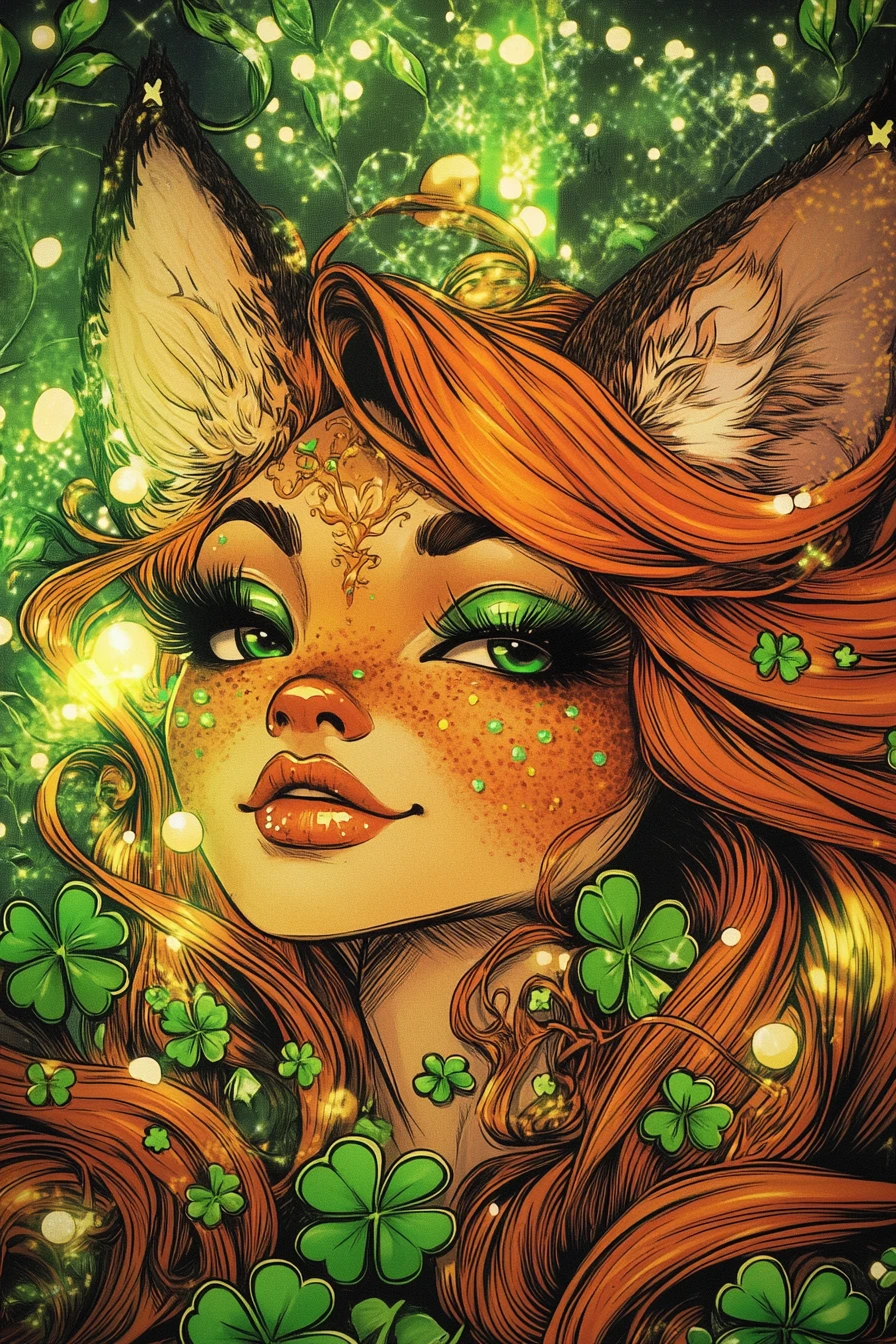 Glamouröse anthropomorphe Fuchs-Diva mit leuchtenden Kleeblättern