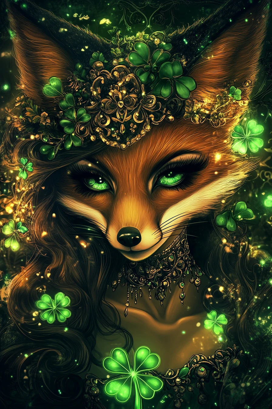 Glamouröse Fuchs-Diva mit leuchtenden vierblättrigen Kleeblättern