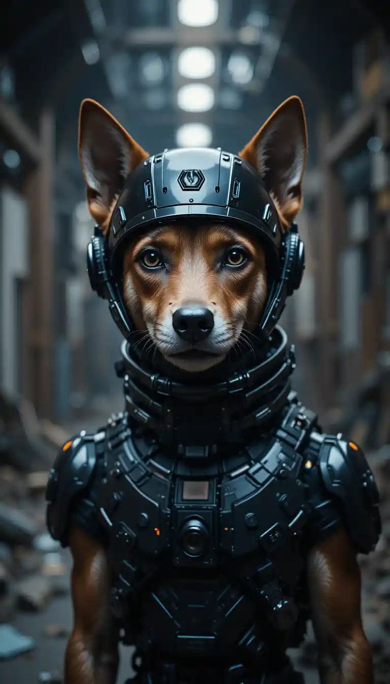 Fox terrier in futuristic armor helmet in dark industrial scene