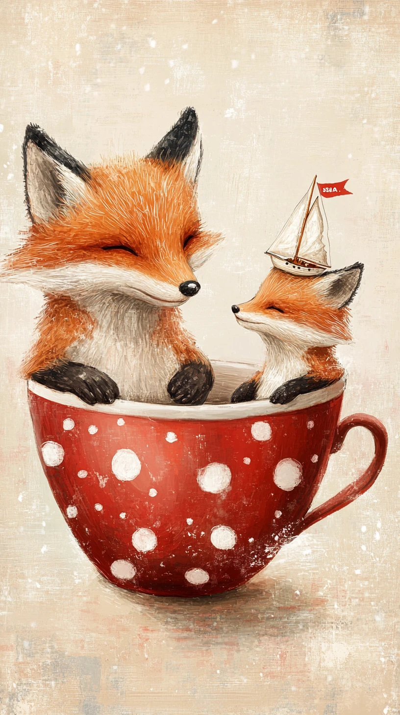 Dos zorros juguetones explorando diminutos veleros en una taza