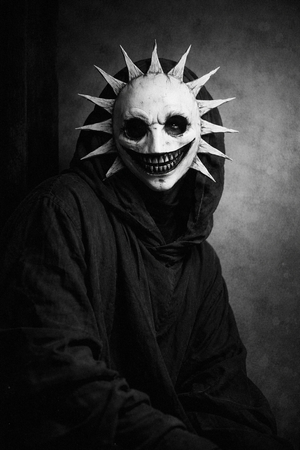 Figura mascherata inquietante in ritratto medio in bianco e nero