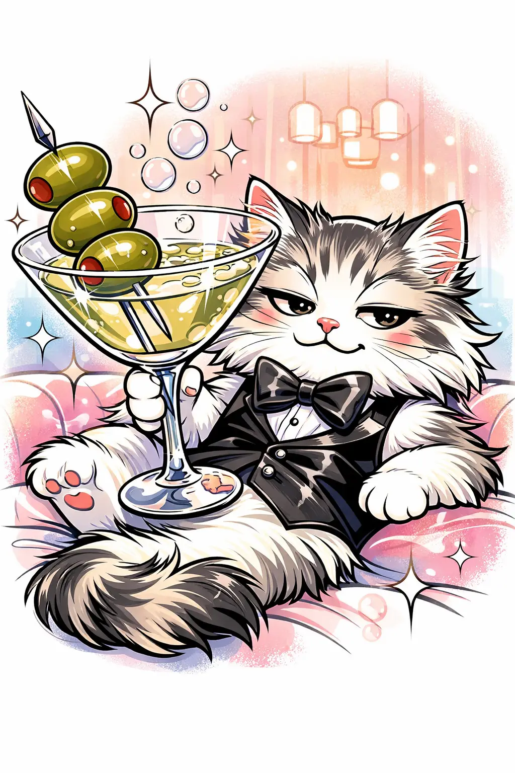 Gato esponjoso y presumido con martini en un lounge de cócteles en tonos pasteles
