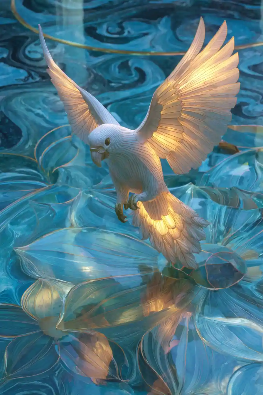 Glowing futuristic parrot over iridescent marble background