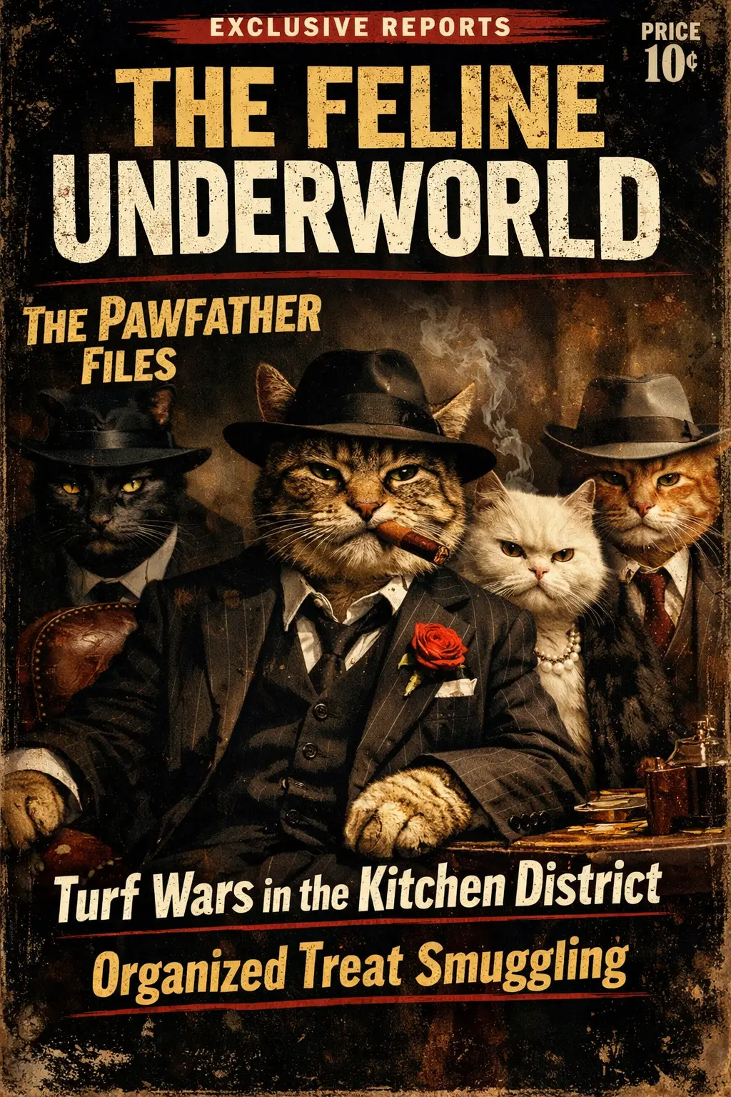 Jefes felinos del crimen en una portada de revista dramática y gritty