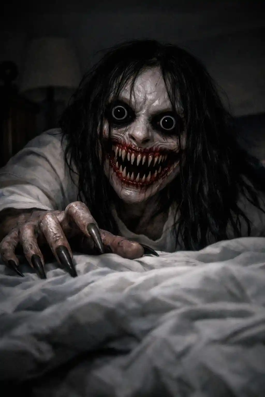 Mostro terrificante che emerge da un letto in una camera da letto in penombra