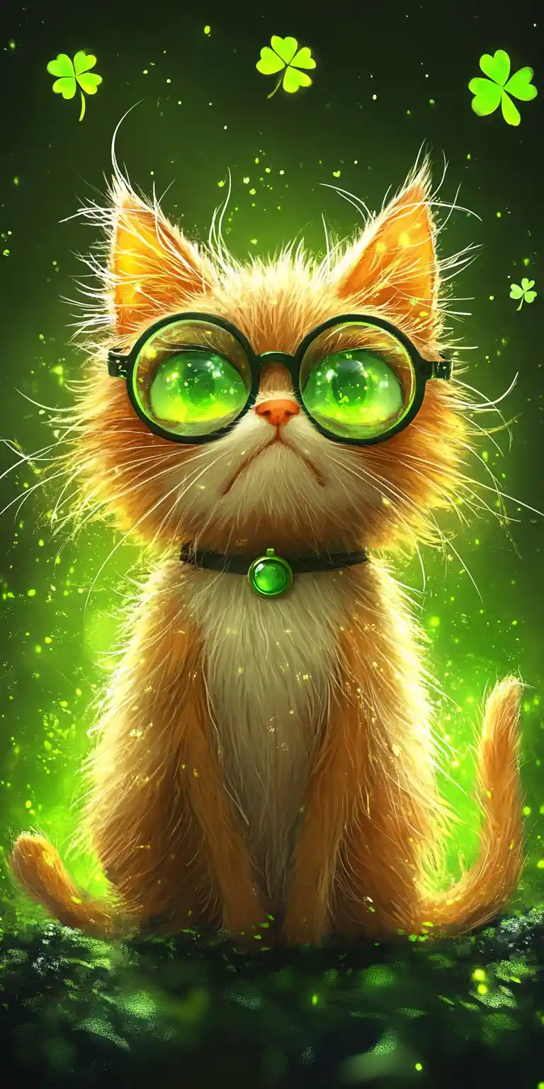 Gatto folletto sarcastico con occhiali da nerd e trifogli