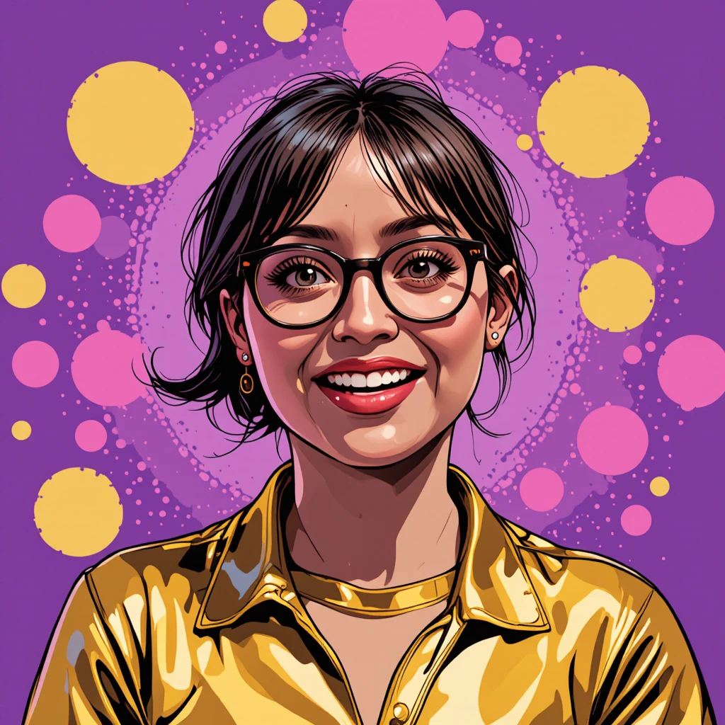 Sarcastic pop art woman in glasses on purple circle background
