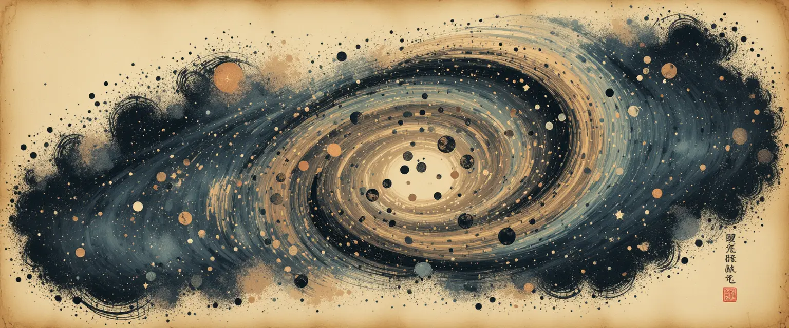 Galassia in xilografia che vortica in un cielo di pergamena antica